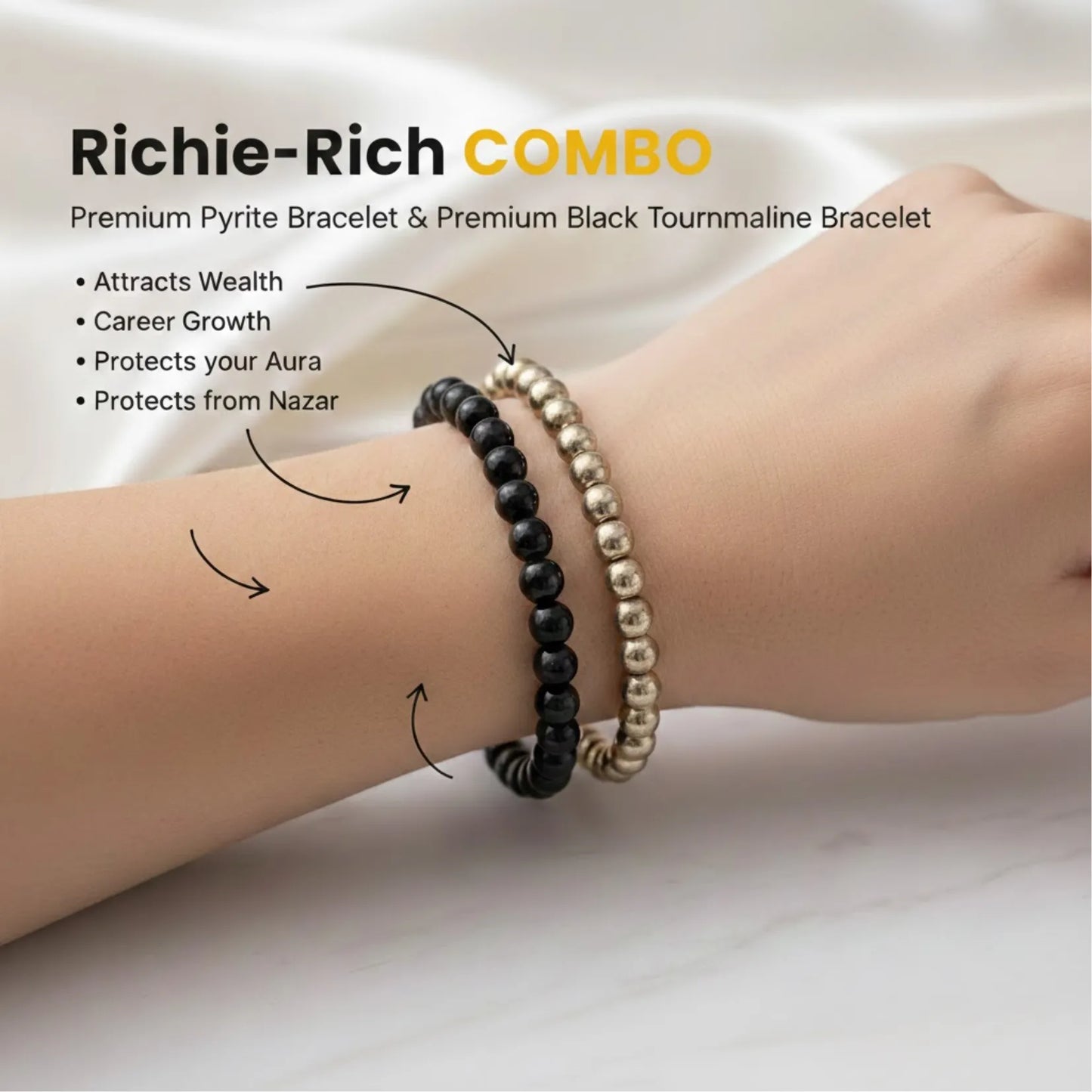 RICHIE-RICH COMBO: Pyrite bracelet + Black Tourmaline Bracelet