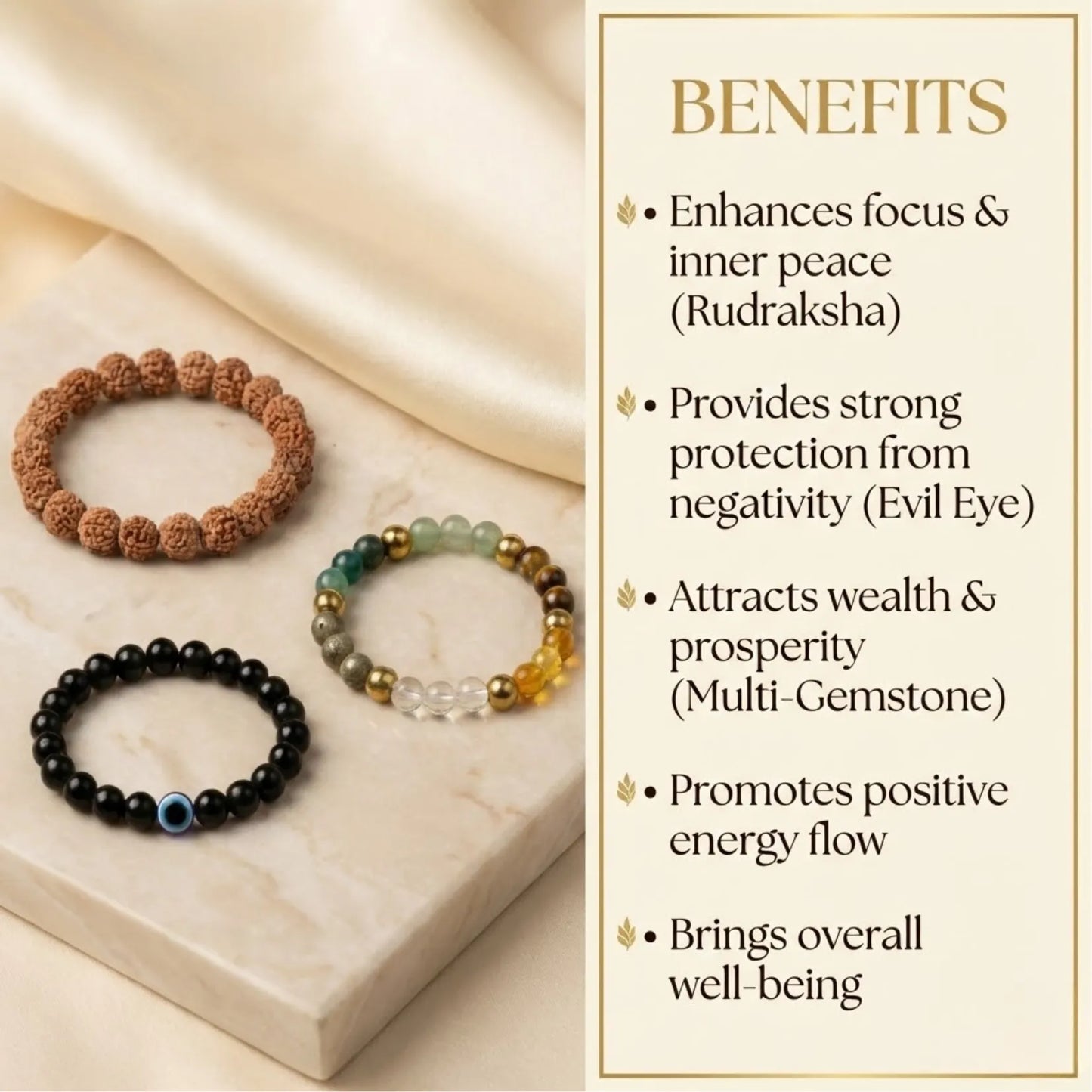 Maha Dhan Yog Combo - Rudraksha, Dhan Yog, Evil Eye bracelet