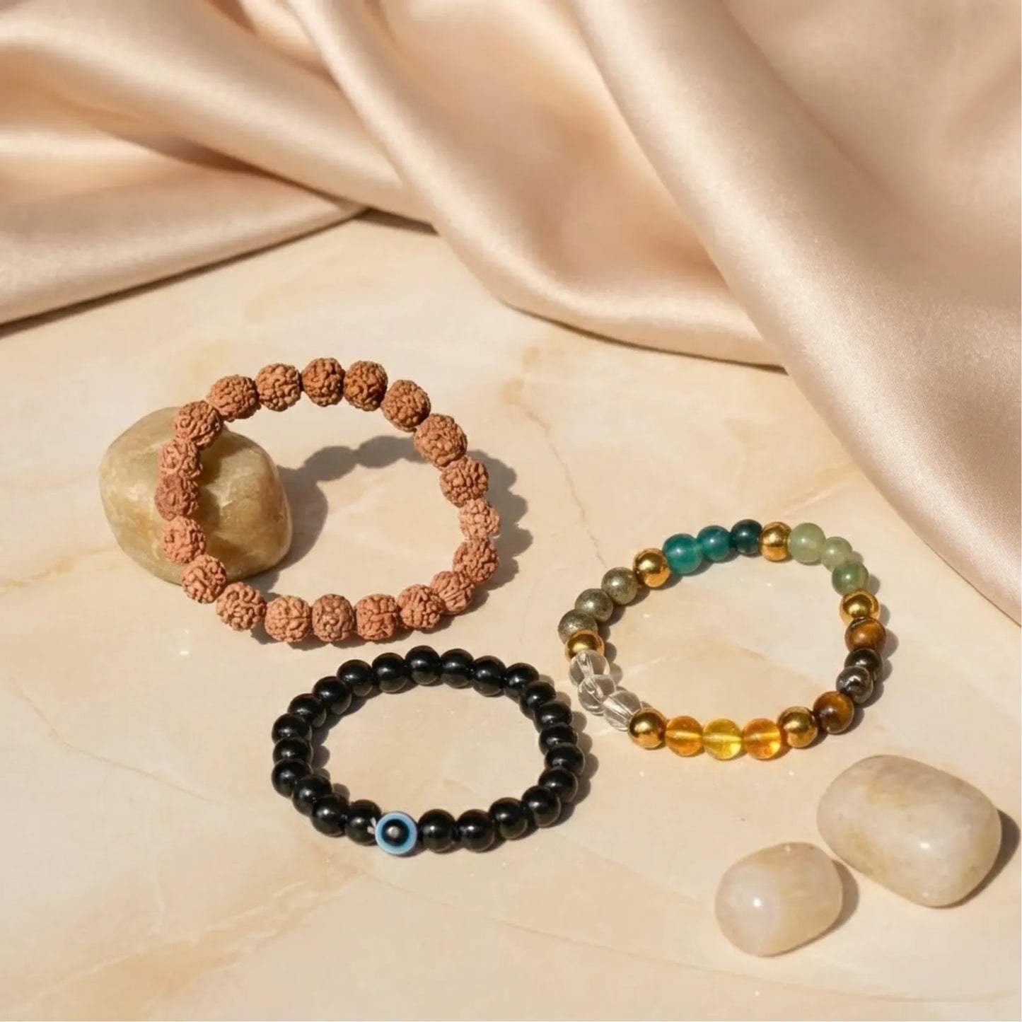 Maha Dhan Yog Combo - Rudraksha, Dhan Yog, Evil Eye bracelet