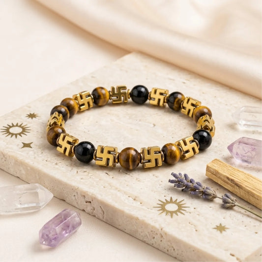 Swastik Tiger Eye & Obsidian Bracelet