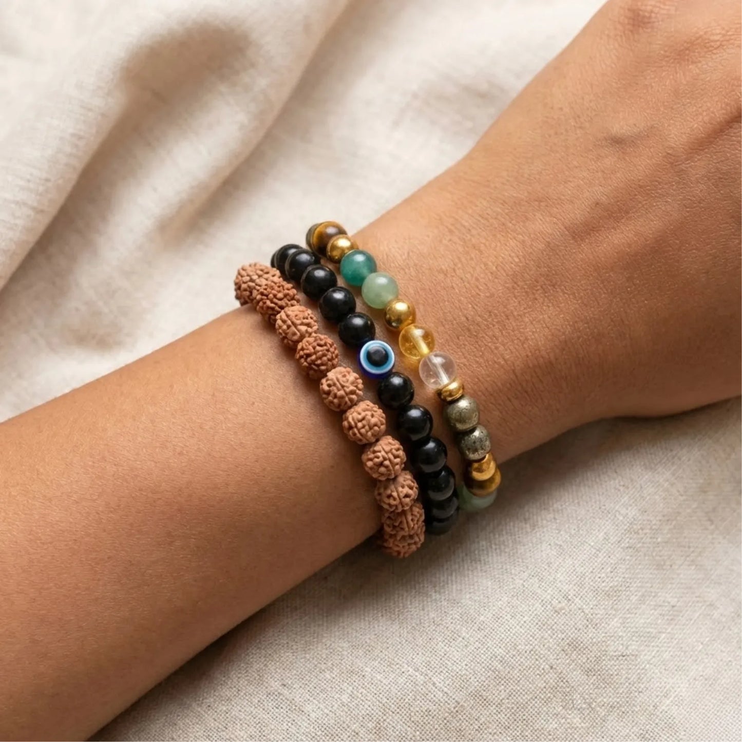 Maha Dhan Yog Combo - Rudraksha, Dhan Yog, Evil Eye bracelet