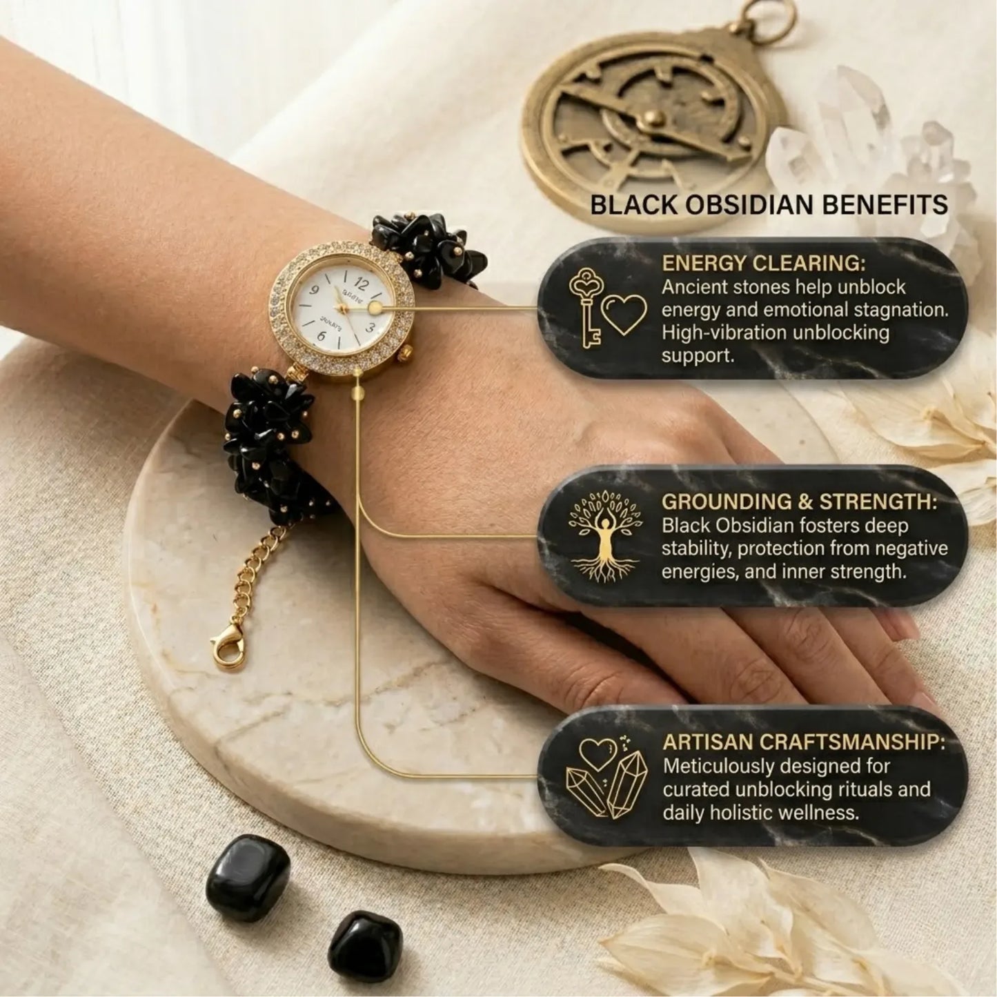 Black Tourmaline Chips Watch Bracelet