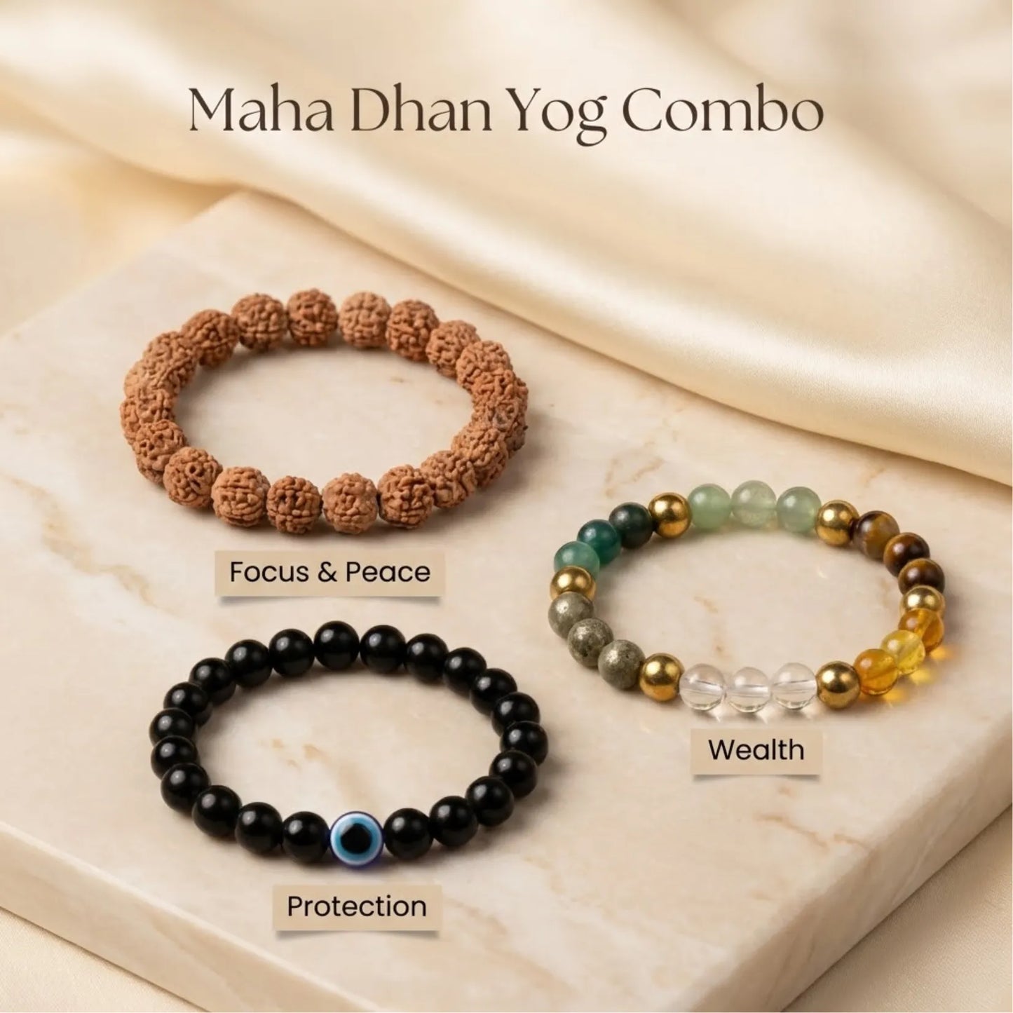 Maha Dhan Yog Combo - Rudraksha, Dhan Yog, Evil Eye bracelet